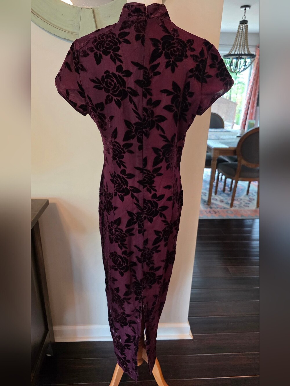 Robbie Bee Vintage Size 10 Velvet Burnout Asian Inspired Maxi Dress Burgundy - Picture 7 of 12